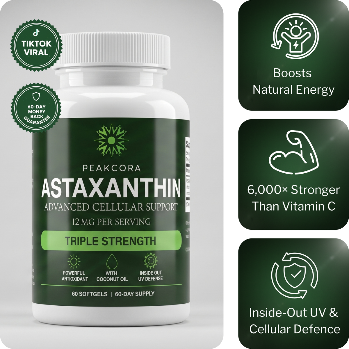 Peakcora Astaxanthin 12mg bottle, 60 softgels